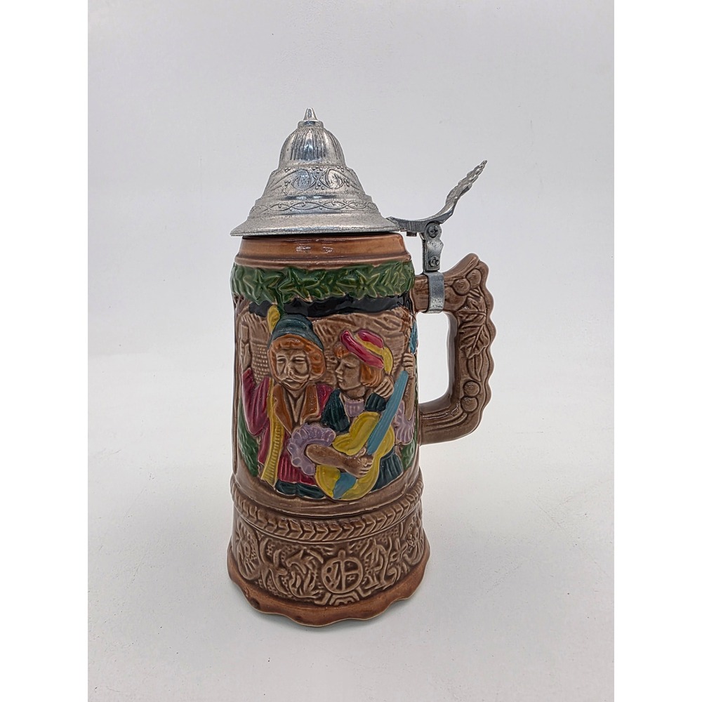 Vintage Musical Beer Stein German Style Relief Lute Player Ceramic Lidded Mug